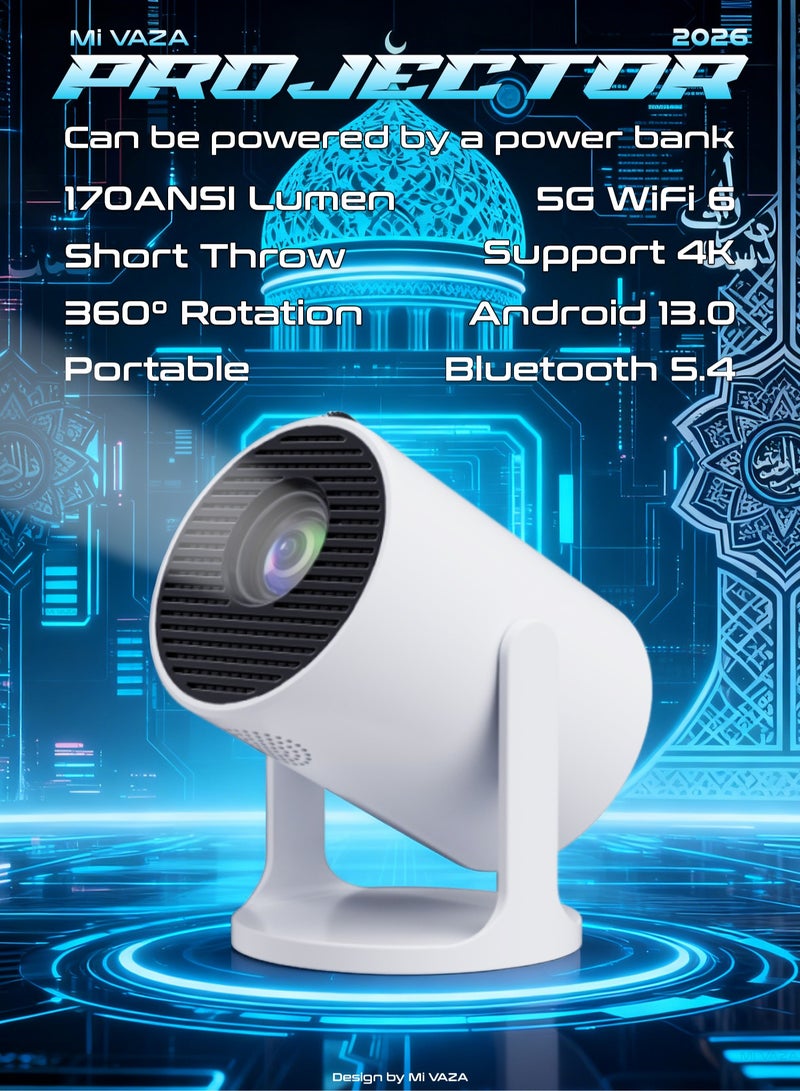 Mi VAZA Short Throw Projector - Powered by Power Bank - Support 4K - 170ANSI Lumen - Portable Projector with Auto Keystone Correction, Android 13, 5G Wifi 6, Bluetooth 5.4 - Mobile Home Theater - Compatible with Android/iOS/Windows/TV Stick/HDMI/USB/Game Controller/Computer/Laptop/Smartphone - Image 1